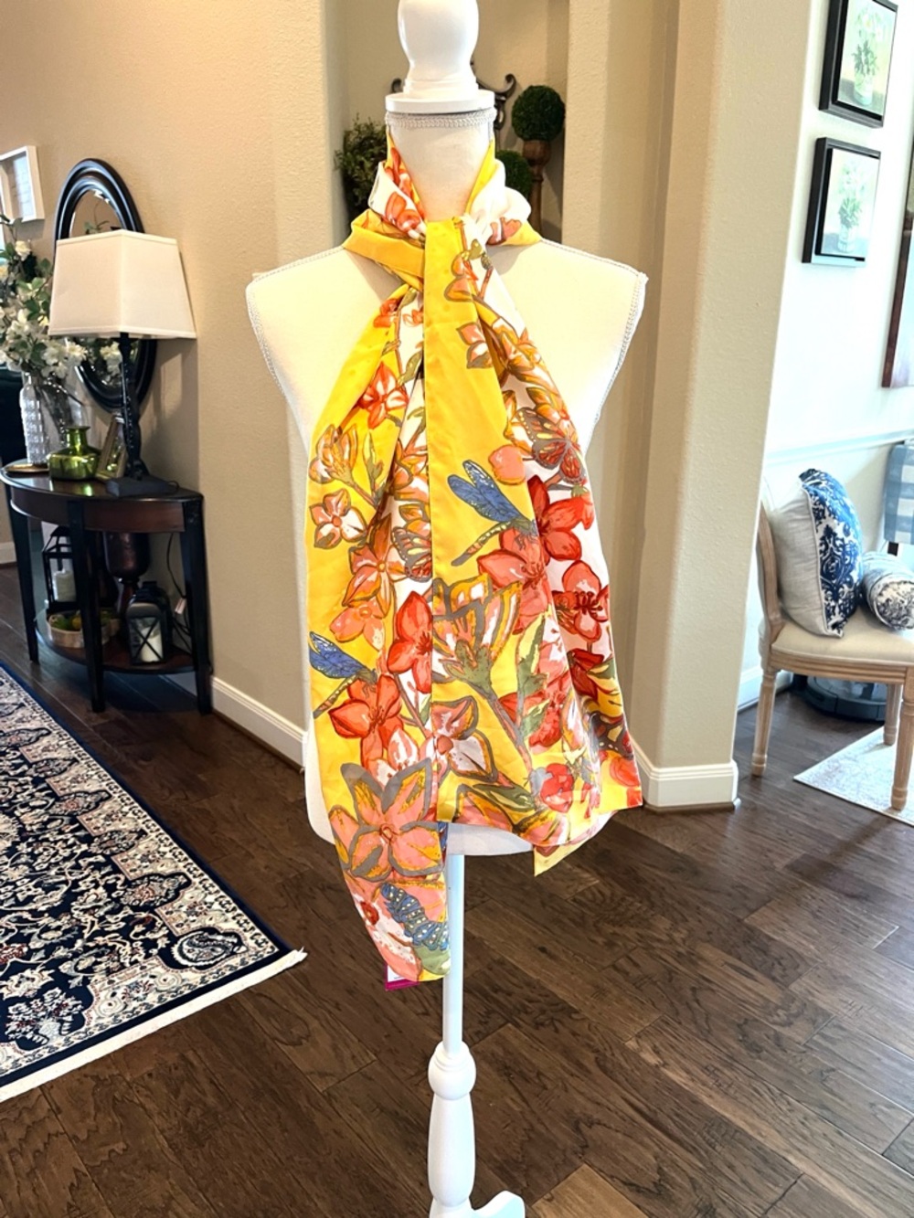 Vince Camuto Floral Butterfly Scarf in Yellow, Coral, Pink, Gray and Blue Garden